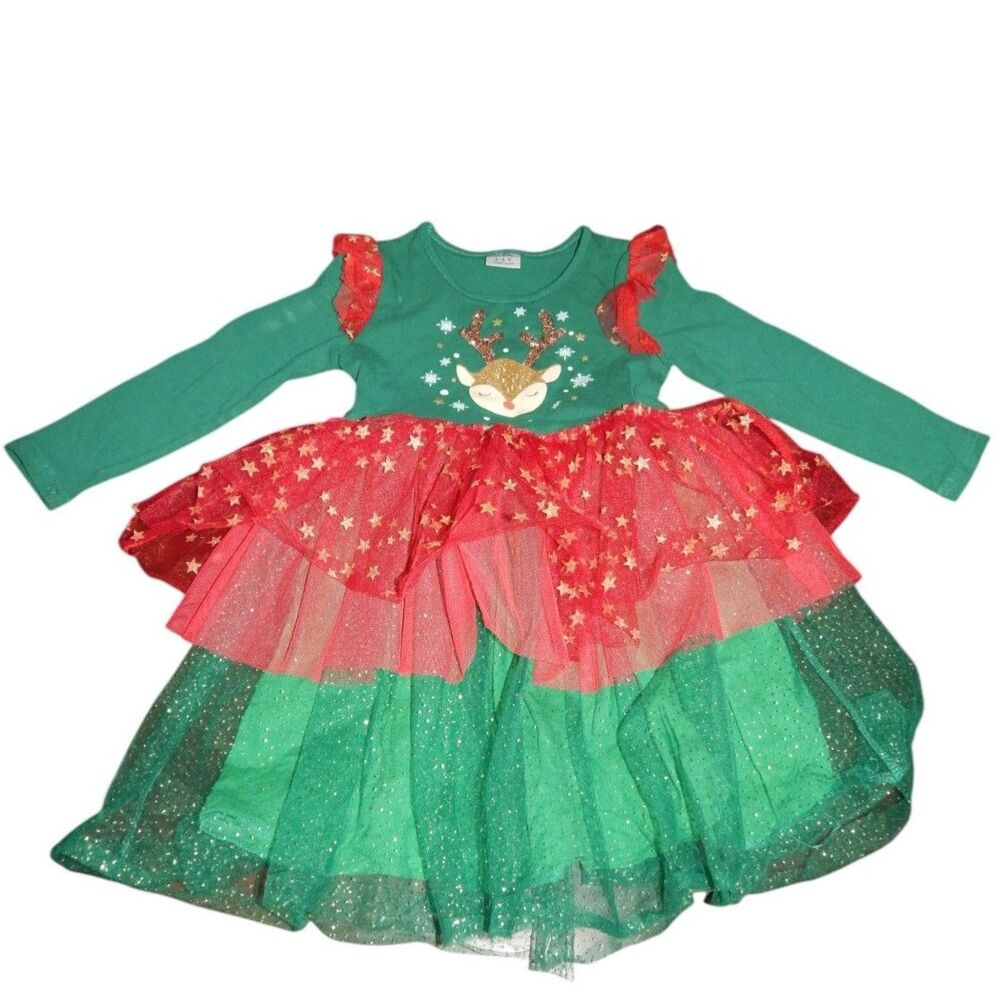 toddler girls 3-4y green red tulle sequin star reindeer Christmas holiday dress